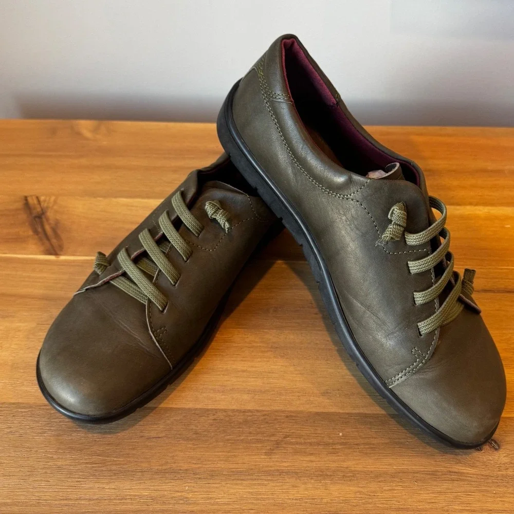 Grunland Verna Women 8.5‎ EU 39 Olive Green Leather Flat Walking Shoes Comfort